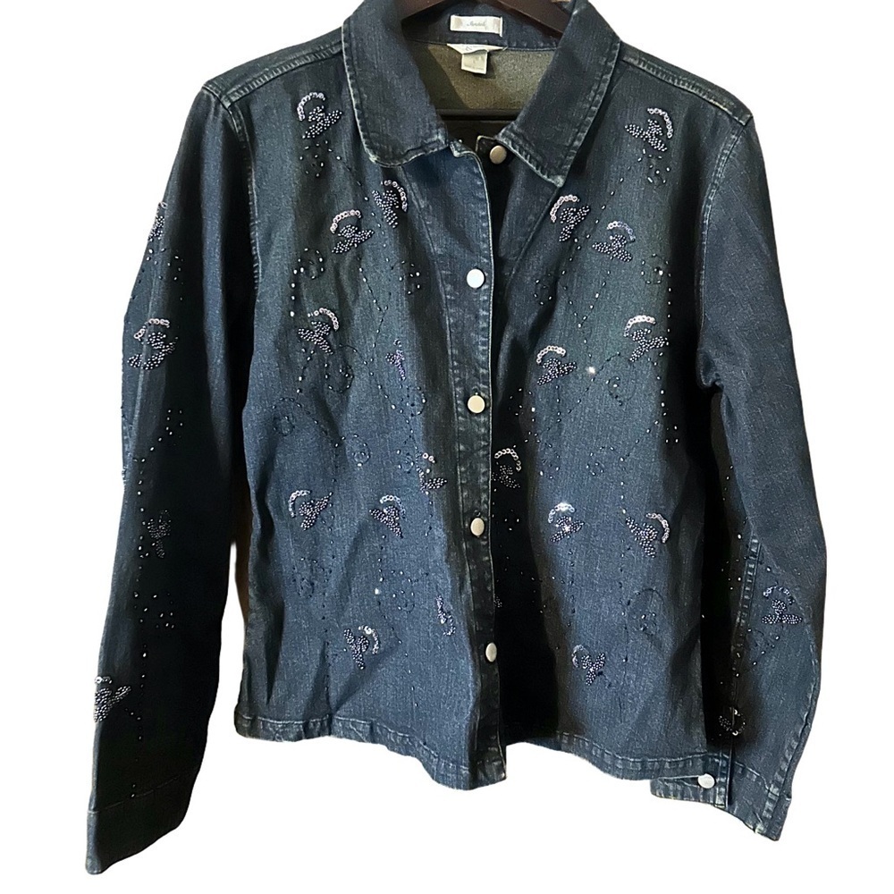 Christopher & Banks Y2K Sequins Sparkle Dark Denim Jacket Size Large Boho